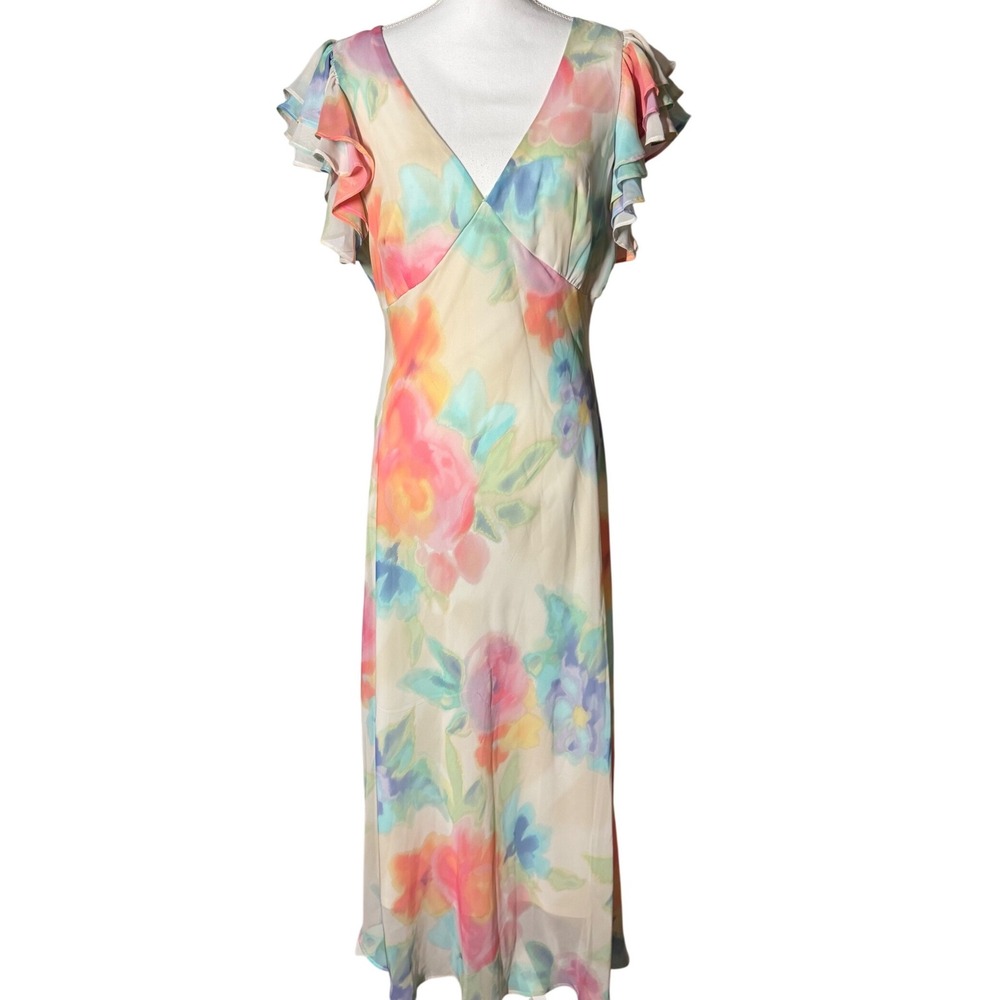 Taylor Ruffle Sleeve Floral Watercolor Midi Dress 10 Multicolor Excellent V-Neck